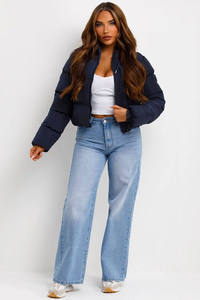 Nuevo diseño personalizado azul marino OEM chaqueta acolchada recortada con capucha para mujer cremallera con cordón completo y chaqueta de burbujas chaqueta de invierno para mujer - Product Image 5