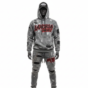 Survêtement unisexe 100% coton, broderie de strass, technique de lavage délavé, sweat-shirt technique pour homme, motif uni, saison hivernale - Product Image 1