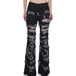 Pantalons évasés longs et respirants pour femmes, taille plus, design personnalisé, effet usé, prix imbattable pour l'hiver et le printemps - Product Image 5