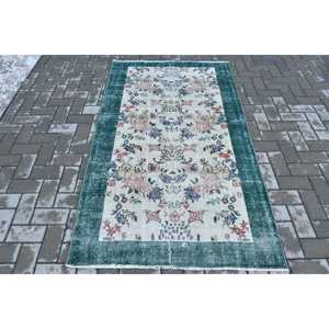 พรมวินเทจ ขนาด 3.5x6.3 ฟุต พรมตกแต่งลายดอกไม้สีเขียว พรมขนสัตว์ตุรกี - Product Image 1