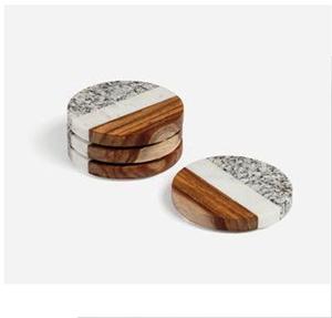 Classic Style <b>White</b> Marble and Natural Wood Grain Stripes <b>Coaster</b> Made in India-Mango <b>Coaster</b> - Product Image 5