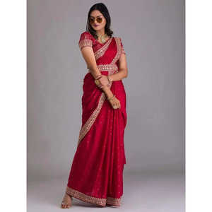 Sari de mariage Chinon avec chemisier, magnifiques paillettes rouges pour votre jour spécial - Product Image 4