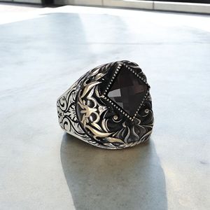 Anillo de Hombre Azuris de Alta Calidad, Estilo Otomano, Plata de Ley 925 con Piedra Negra Natural, Hecho en Turquía, VALKH1703 - Product Image 2