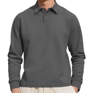 Polo de Manga Larga de Punto Waffle Gris de Alta Calidad con Logotipo Personalizado para Hombre, Estilo Clásico, Texturizado, Transpirable, Informal - Product Image 1