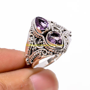 Bague en argent sterling 925 pur, faite à la main, avec deux pierres précieuses améthyste, filigrane, pour femmes, cadeau unisexe pour femme - Product Image 3