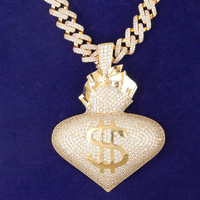 Collier Statement Hip Hop avec Pendentif Cœur Micro Pavé CZ 5A et Grand Sac d'Argent Dollar, en Laiton Doré, Fournisseur OEM de Bijoux en Gros
