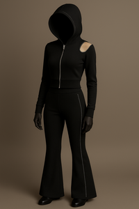 Ensemble de survêtement décontracté pour femme, imprimé, bleu, hiver, uni, athleisure, avec sweat à capuche zippé et pantalon évasé à épaules découpées - Product Image 6