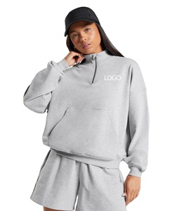 Sudadera con capucha y cremallera de gran tamaño para mujer con logotipo personalizado 100% algodón hombro caído pulóver ropa de calle media cremallera 380GSM gris jaspeado - Product Image 1