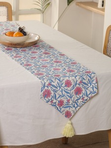 Camino de Mesa de Doble Capa de Lona de Algodón Premium con Estampado Digital Floral, Borlas Tejidas y Estilo Damasco, Azul y Rosa, Diseño Abstracto para Comedor - Product Image 3