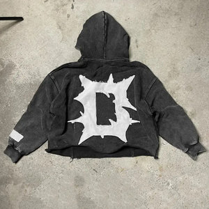 Applique Patch en détresse broderie ourlet brut hiver hommes sweats à capuche soleil délavé bord coupé personnalisé lavage à l'acide polaire 100% coton rapide - Product Image 2