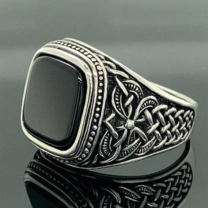 Anillo de compromiso cuadrado de Plata de Ley 925 de moda para hombre, ajuste de bisel de piedras preciosas de ágata hecho a mano, joyería fina certificada por terceros - Product Image 3