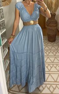 Robe longue élégante Boho Chic à manches évasées et col en V smockée à taille naturelle pour femmes 100% coton écologique - Product Image 5