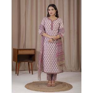 Traje Étnico de Kurta y Pantalón de Algodón con Estampado a Mano en Blanco y Rosa para Ocasiones Especiales - Anarkali Salwar - Product Image 5