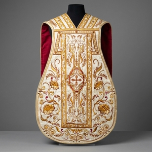 Casulla Romana Tradicional con Bordado a Mano en Hilo Dorado, Vestimenta Sacerdotal Católica, Túnica de Misa para Clérigos, Conjunto de 5 Piezas - Product Image 1