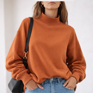 Nueva Camiseta de Moda Casual para Mujer, Cuello Alto Simulado, Forro Polar, Manga Larga, Color Sólido, Transpirable, Ecológica, Personalizable en la Parte Delantera - Product Image 1