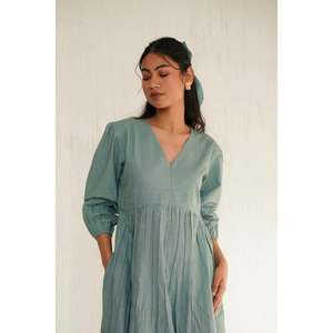 Vestido Largo de Algodón Verde Azulado Sólido para Mujer, Cuello en V, Plisado, Manga Corta, Estilo Casual, Étnico, Urbano, Gótico, con Estampado Floral, Ropa de Verano - Product Image 3