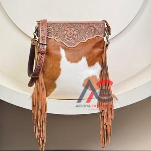 Bolso bandolera de cuero con flecos para mujer, bolso cruzado de cuero de vaca genuino de gran capacidad, diseño Floral, para mujer - Product Image 1