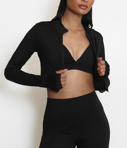 Athlétique Femmes Fermeture Éclair Devant Noir Manches Longues Veste Sport Soutien-Gorge Performance Leggings 3 Pièces Ensemble pour Workouts Yoga Fitness - Product Image 5