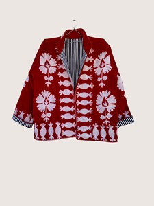Red Floral Embroidered Cotton <b>Coat</b> With Batwing Sleeves Mandarin Collar Plus Size Women's Casual Outerwear Winter Wear - Product Image 3