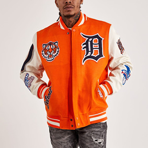 Chaqueta de béisbol universitaria con cuello levantado bordado y mangas de cuero y lana con logotipo personalizado 2025 para hombre, chaqueta negra con letras de lona - Product Image 1