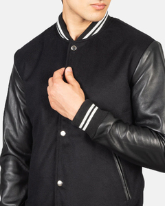 Veste universitaire classique noire avec manches en cuir de qualité supérieure, col et poignets côtelés, fermeture à boutons-pression et coupe moderne ajustée - Product Image 5