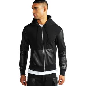 Sudadera con capucha de algodón 100% barata para hombre al por mayor patrón sólido mangas de cuero transpirable cremallera descarga ropa de invierno color negro - Product Image 4
