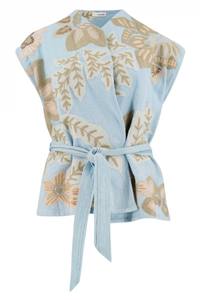 เสื้อคลุมสไตล์คลาสสิกสำหรับผู้หญิงเสื้อโบฮีเมียนปักลายดอกไม้สีฟ้าอ่อนแบบสั้นสำหรับวันหยุดฤดูร้อน - Product Image 2