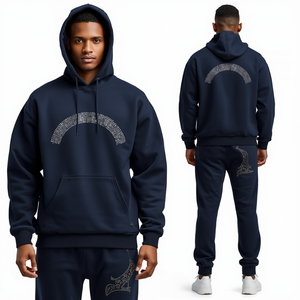 Ensemble de survêtement de luxe bleu marine en coton épais avec strass, sweat à capuche et pantalon de jogging, collection mode cristal - Product Image 3