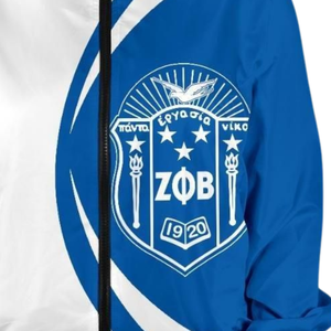 Veste en satin Zeta Phi Beta 1920 Vêtements grecs pour femmes Bleu Blanc Broderie du bouclier de la sororité ZPB Look universitaire haut de gamme - Product Image 4