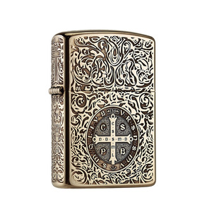 Briquet à kérosène en laiton, 16 trous coupe-vent, roue à silex, vintage, gravé, rechargeable, en métal, logo personnalisé, cadeau, vente en gros - Product Image 1