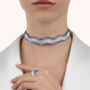 Luxury Women Rhodium Plated Wavy Choker <b>Necklace</b> and Matching Ring Set with Blue and Clear Cubic Zirconia Elegant <b>Statement</b> - Product Image 4