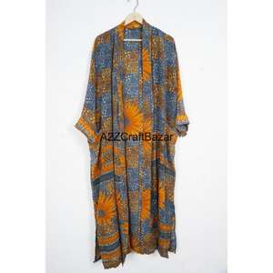 Handmade 100% <b>Silk</b> Breathable Quick Dry Soft Patchwork Boho Wrap Robe <b>Women</b> Three-Quarter Sleeve V-Neck Drawstring Closure - Product Image 4