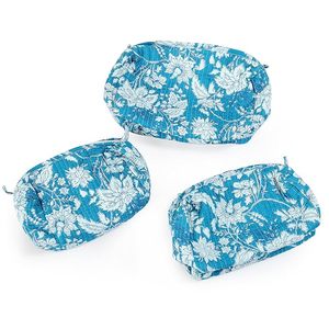 Turquoise Unisex Eco-Friendly Cotton Block Printed Quilted Travel Case 3 Piece <b>Set</b> Waterproof Vintage Cosmetic Bags for Bag - Product Image 1