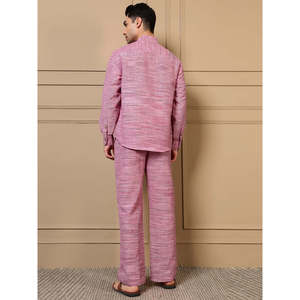 Amanush <b>Men's</b> Pink Textured Plaited Cotton Co-ord Set Full Sleeve Mandrin Collar <b>Kurta</b> With <b>Pajama</b> Casual Summer Wear Outfit - Product Image 4
