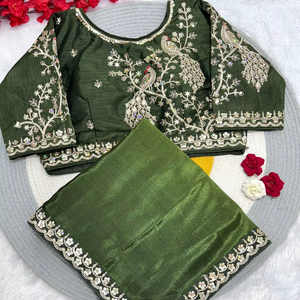 Sari en soie pure Chinon avec chemisier fantaisie vêtements traditionnels indiens exclusifs pour la fête de mariage Diwali Festival vêtements ethniques femmes - Product Image 1