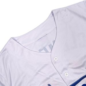 Maillot de baseball blanc personnalisé chemise d'uniforme d'équipe brodée en polyester boutonnée avec lettres bleues et rouges pour adultes et jeunes - Product Image 4