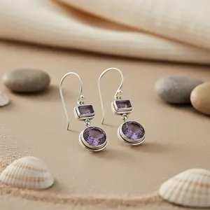 925 Silver Fashion Drop <b>Earrings</b> with Amethyst Gemstone <b>Purple</b> Jewelry - Product Image 2