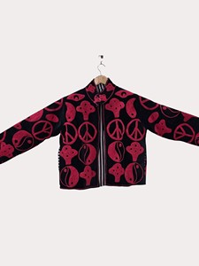 Velvet Bomber Jacket Mandarin Collar Full Sleeve Embroidered Peace Sign Pattern Red Black Adult Autumn Style - Product Image 2