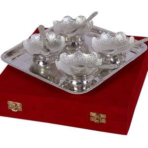 Ensemble de plateaux à double compartiment en argent allemand de luxe avec cuillères, boîte en velours noir, cadeaux d'entreprise ethniques Diwali, vaisselle à finition antique - Product Image 5