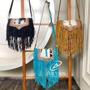 Women's Vintage Bohemian High Quality Hobo Carnival Crossbody Bag With Fringe Hand Tooled Cowhide Leather Sling Shoulder <b>Handbag</b> - Product Image 1