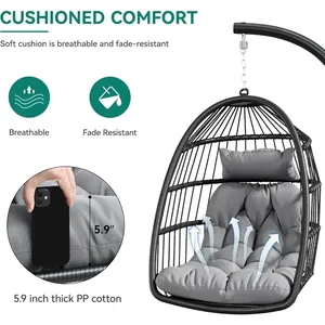 Silla Colgante Moderna Tipo Huevo con Soporte, Hamaca de Mimbre para Exteriores con Cojines, Capacidad de 330 lb, Color Gris Oscuro (Soporte Incluido) para Patio o Parque - Product Image 5