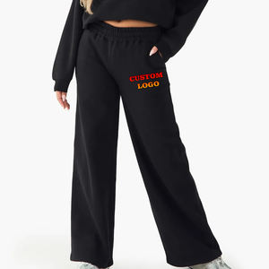 Pantalons décontractés de couleur noire unie avec logo personnalisé pantalon de survêtement décontracté à taille haute et jambe large pour femmes - Product Image 6