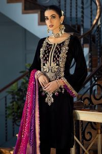 Black Velvet Shalwar Qameez With Pink Duppata Custom Wedding <b>Dress</b> and Best Style <b>Dresses</b> For Wedding Women - Product Image 3