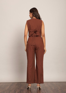 ชุดเสื้อและกางเกงสีน้ำตาลล้วนพร้อมกระดุมคาดเอวแบบธรรมชาติเข็มขัดสานสำหรับตกแต่ง - Product Image 3