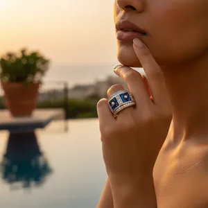 Women's <b>Statement</b> <b>Ring</b> with <b>Silver</b> Blue Sapphire Topaz Oval Cut Rhodium Plated Set with Pearl-Elegant Style - Product Image 1