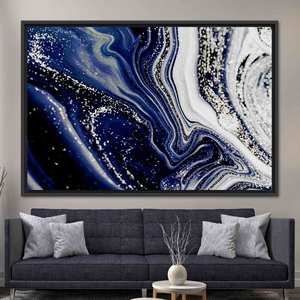 Shimmery Artwork : Impression sur toile argentée contemporaine avec motif abstrait en marbre bleu marine, 1P : encadré noir - Product Image 1
