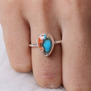 Oyster Copper <b>Turquoise</b> Gemstone <b>Ring</b> for Girls 925 Sterling Silver Pear Shape Bezel Setting for Parties - Product Image 2