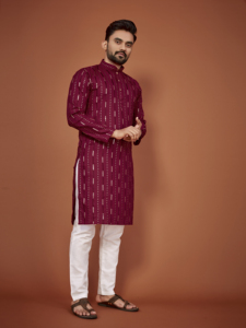 Ensemble de pyjama Kurta en coton élégant pour hommes, broderie séquentielle, manches longues, ourlet droit, tenue traditionnelle pour fête et festival - Product Image 5