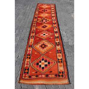 Vintage Turkish <b>Rug</b>, <b>Runner</b> 3x12.1 ft (91x370 cm) <b>Rug</b>, Orange Moroccan Wool <b>Rug</b> - Product Image 1