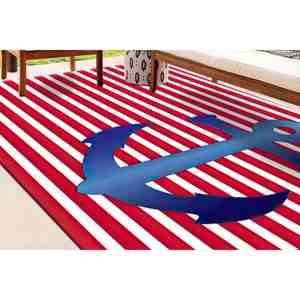 Alfombra Náutica con Diseño de Ancla: Alfombra Interior a Rayas Rojas y Blancas, Alfombra de Chenilla - Product Image 1